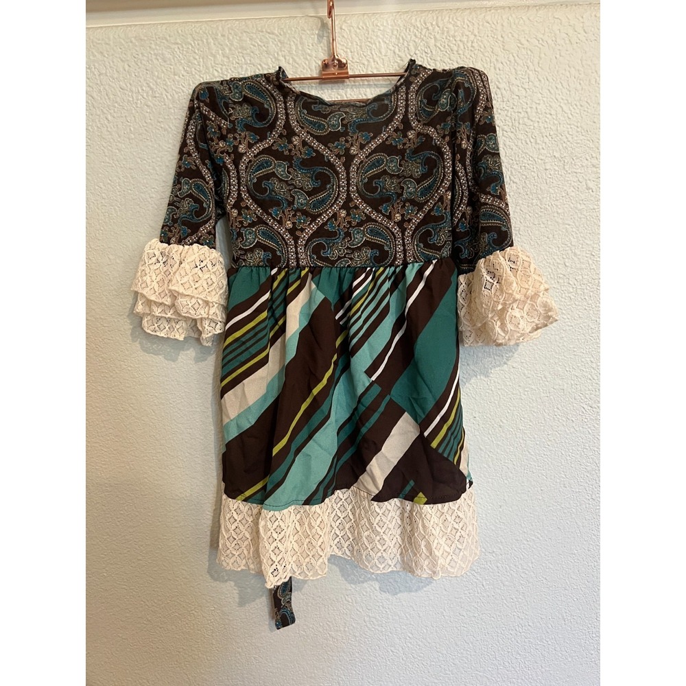 Vintage Girls Patchwork Knit‎ Ruffle Lace Dress Sz 4 5 Boho Retro Cottage Easter